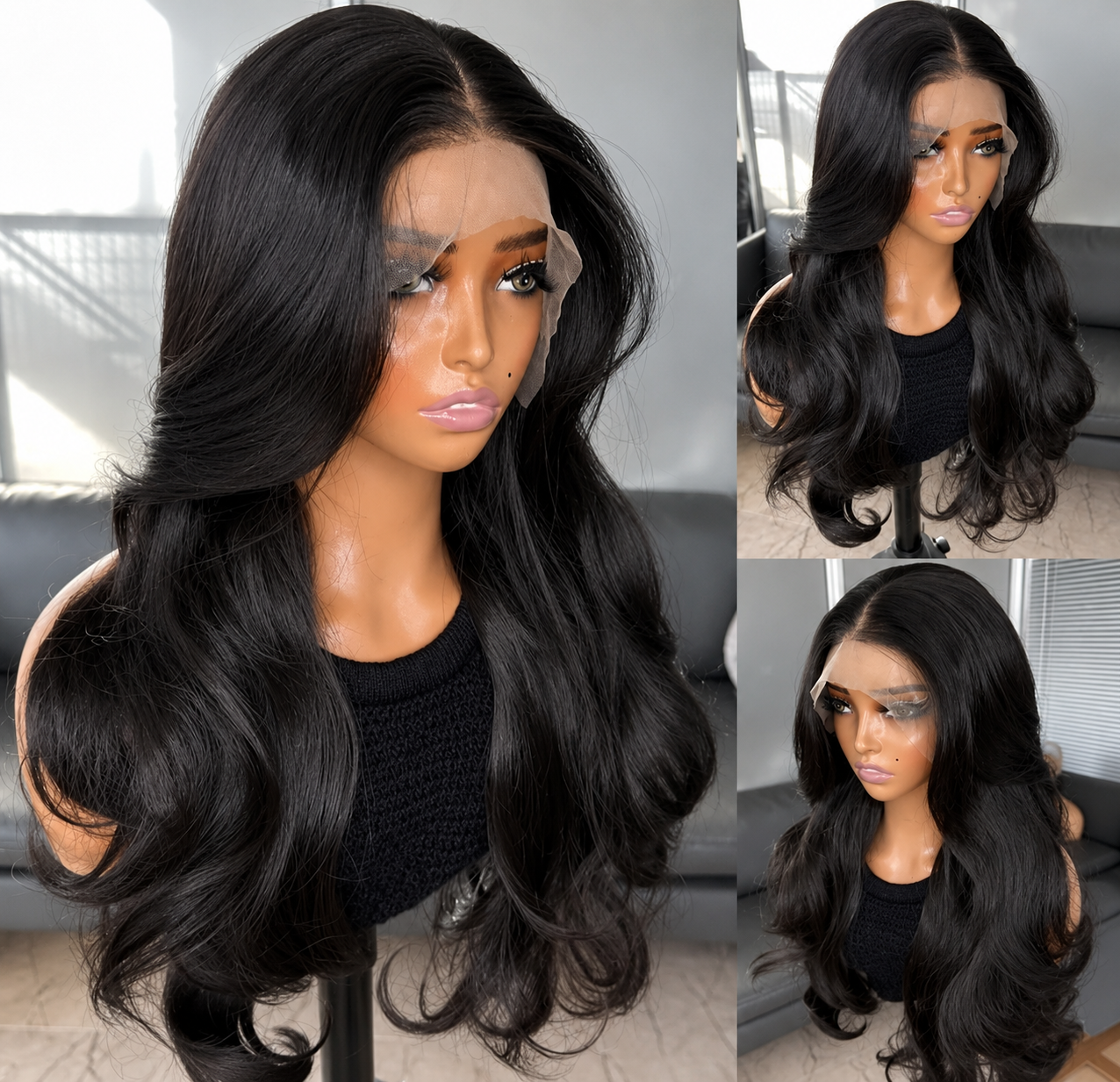 Natural Black Curtain Bangs Human blend Lace Front Wig